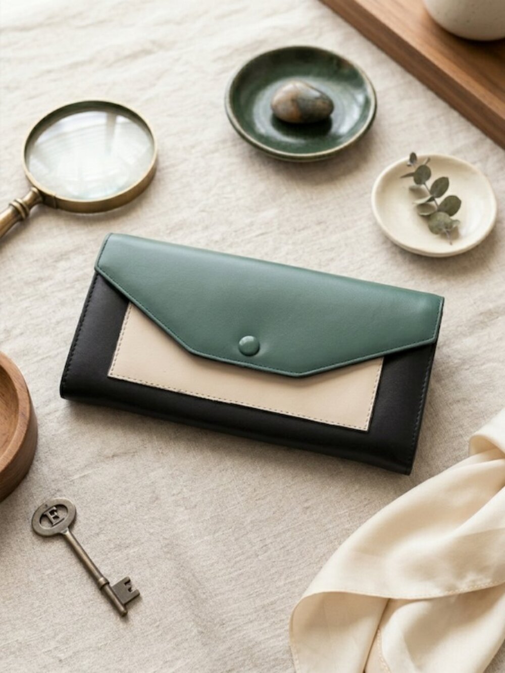 FIGESTIN Tri-color Envelope Wallet Minimalist Chic Accessory Black, Green, Beige